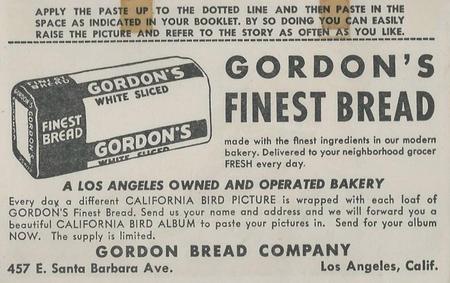 1946 Gordon's Bread California Birds - Bread Back (D39-2b) #NNO Arizona Hooded Oriole Back