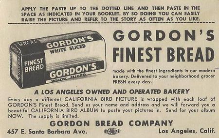 1946 Gordon's Bread California Birds - Bread Back (D39-2b) #NNO Audubon's Warbler Back