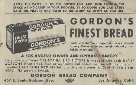 1946 Gordon's Bread California Birds - Bread Back (D39-2b) #NNO California Horned Lark Back