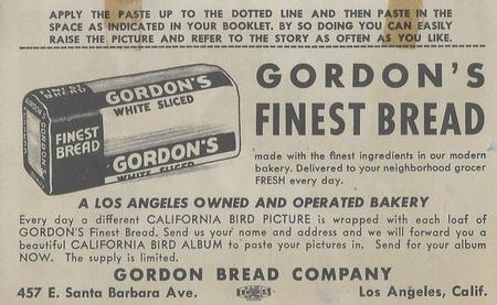 1946 Gordon's Bread California Birds - Bread Back (D39-2b) #NNO California Woodpecker Back