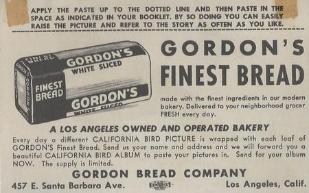 1946 Gordon's Bread California Birds - Bread Back (D39-2b) #NNO Phainopepla Back