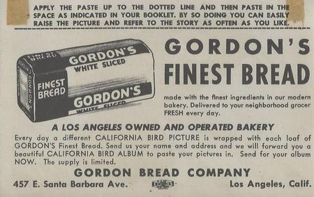 1946 Gordon's Bread California Birds - Bread Back (D39-2b) #NNO Tri-Colored Redwing Back