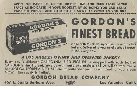 1946 Gordon's Bread California Birds - Bread Back (D39-2b) #NNO Western Mockingbird Back