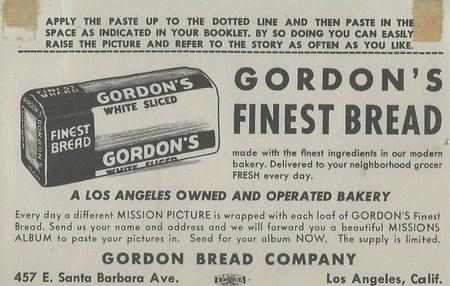 1948 Gordon's Bread California Missions - Bread Back (D39-6b) #NNO San Carlos Borromeo Back
