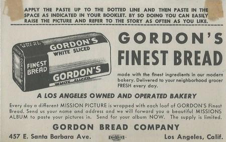 1948 Gordon's Bread California Missions - Bread Back (D39-6b) #NNO San Francisco De Asis Back