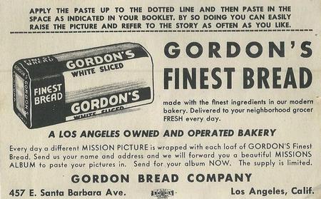 1948 Gordon's Bread California Missions - Bread Back (D39-6b) #NNO San Gabriel Arcangel Back