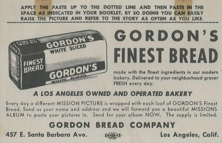 1948 Gordon's Bread California Missions - Bread Back (D39-6b) #NNO Santa Ines Back