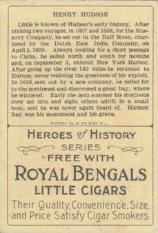 1911 American Tobacco Company Heroes of History / Men of History (T68) - Royal Bengals, Factory No. 17 #NNO Henry Hudson Back