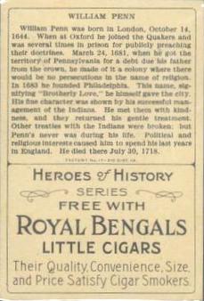 1911 American Tobacco Company Heroes of History / Men of History (T68) - Royal Bengals, Factory No. 17 #NNO William Penn Back