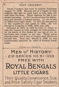 1911 American Tobacco Company Heroes of History / Men of History (T68) - Royal Bengals, Factory No. 17 #NNO Hon. David Crockett Back