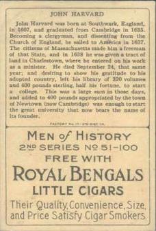 1911 American Tobacco Company Heroes of History / Men of History (T68) - Royal Bengals, Factory No. 17 #NNO John Harvard Back