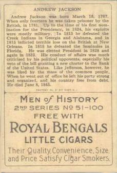 1911 American Tobacco Company Heroes of History / Men of History (T68) - Royal Bengals, Factory No. 17 #NNO President Andrew Jackson Back