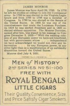 1911 American Tobacco Company Heroes of History / Men of History (T68) - Royal Bengals, Factory No. 17 #NNO President James Monroe Back