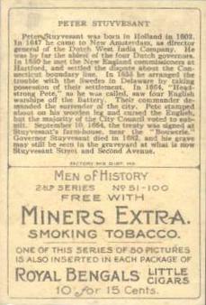 1911 American Tobacco Company Heroes of History / Men of History (T68) - Miners Extra #NNO Peter Stuyvesant Back