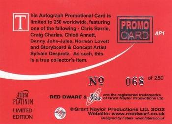 2002 Futera Red Dwarf  - Promos #AP1 Robert Llewellyn Back