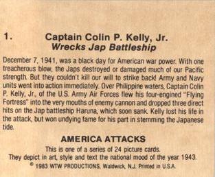 1983 WTW America Attacks #1 Captain Colin P. Kelly, Jr. Wrecks Jap Battleship Back