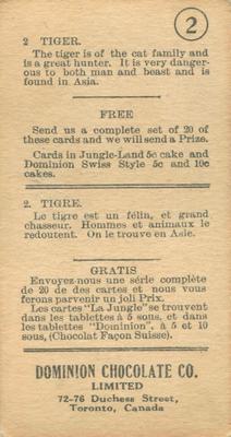 1923 Dominion Chocolates Animals (V30) #2 Tiger Back