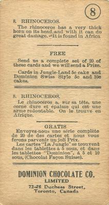 1923 Dominion Chocolates Animals (V30) #8 Rhinoceros Back