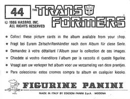 1986 Panini Transformers Stickers #44 Optimus Prime 1/6 Back