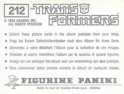 1986 Panini Transformers Stickers #212 Inferno 2/6 Back