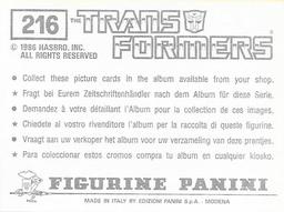 1986 Panini Transformers Stickers #216 Inferno 6/6 Back
