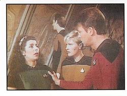 1987 Panini Star Trek: The Next Generation Stickers #42 Data, Yar, Riker and Troi, sensing pain from planet Front