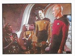 1987 Panini Star Trek: The Next Generation Stickers #61 Picard, Data, Troi and Yar meeting with Lutan Front