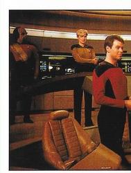 1987 Panini Star Trek: The Next Generation Stickers #179 Riker, Yar and Worf, back on Enterprise bridge (left half) Front