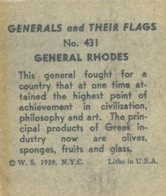 1939 W.S. Corp Generals & Their Flags (R58) #431 Gen. Rhodes Back