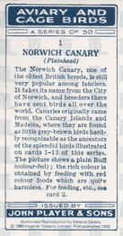 1989 Imperial Tobacco Limited 1933 Player's Aviary and Cage Birds (reprint) #1 Norwich Canary (Plainhead) Back
