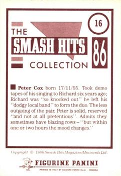 1986 Panini Smash Hits Stickers #16 Peter Cox Back