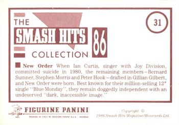 1986 Panini Smash Hits Stickers #31 New Order Back