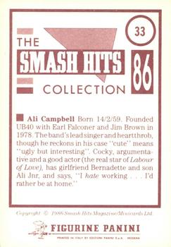 1986 Panini Smash Hits Stickers #33 Ali Campbell Back