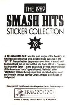 1989 Panini Smash Hits Sticker Collection #28 Belinda Carlisle Back