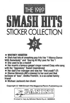 1989 Panini Smash Hits Sticker Collection #49 Whitney Houston Back