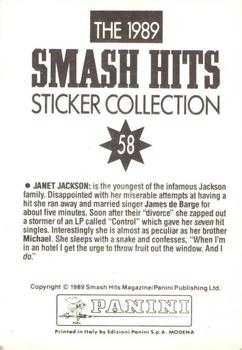 1989 Panini Smash Hits Sticker Collection #58 Janet Jackson Back