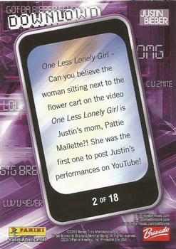 2010 Panini Justin Bieber - Downlowd #2 One Less Lonely Girl Back