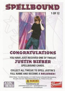 2010 Panini Justin Bieber - Spellbound #1 Justin Bieber Back