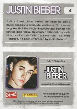 2012 Panini Justin Bieber #4 Justin's latest album shows the talented artist's music appeals to a broader audience. Back