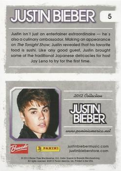2012 Panini Justin Bieber #5 Justin isn't just an entertainer extraordinaire - he's also a culinary ambasaador. Back