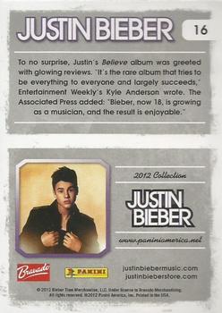 2012 Panini Justin Bieber #16 To no surprise, Justin's Believe album was greeted with glowing reviews. Back