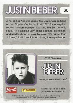 2012 Panini Justin Bieber #30 A noted Los Angeles Lakes fan, Justin was on hand at the Staples Center in April 2012... Back