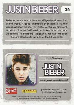 2012 Panini Justin Bieber #36 Beliebers are some of the most diligent and loyal fans in the world. Back