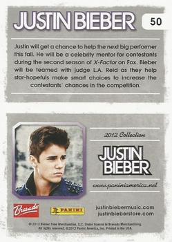 2012 Panini Justin Bieber #50 Justin will get a chance to help the next big performer this fall. He will be a celebrity mentor for contestants... Back
