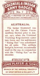1917 Player's Colonial & Indian Army Badges #7 Australia Back