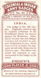 1917 Player's Colonial & Indian Army Badges #20 India Back
