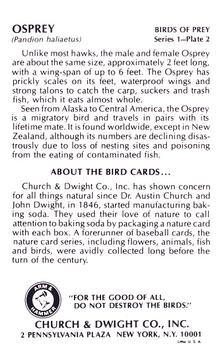 1975 Church & Dwight Birds of Prey Series 1 #2 Osprey Back
