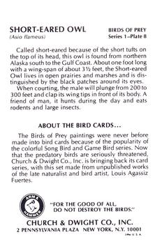 1975 Church & Dwight Birds of Prey Series 1 #8 Short-Eared Owl Back