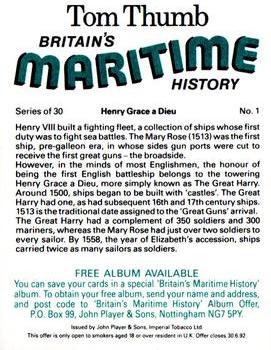 1989 Player's Tom Thumb Britain's Maritime History #1 Henry Grace a Dieu Back