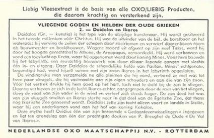 1960 Liebig Vliegende Goden En Helden Der Oude Grieken  (Gods and Flying Heroes of Ancient Greece) (Dutch Text) (F1727, S1758) #2 Daidalos en Ikaros Back